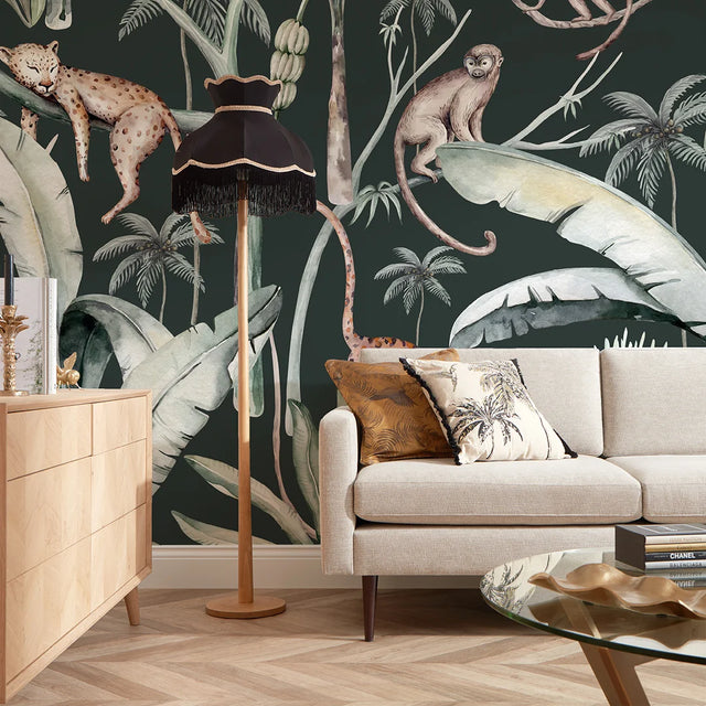 Sleepy Leopards Full Wall Mural in Bottle Green