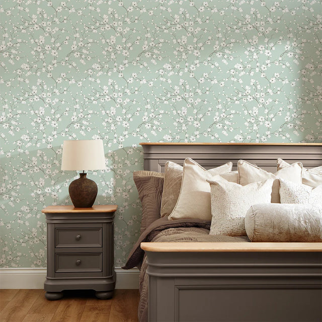 Spring Blossom Wallpaper in Sage Green