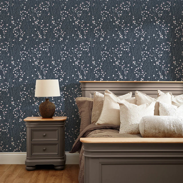 Summer Meadow Wallpaper in Navy and Pink