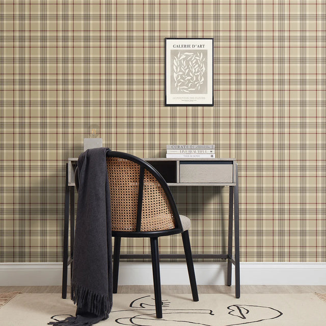 Traditional Check Wallpaper in Beige and Red
