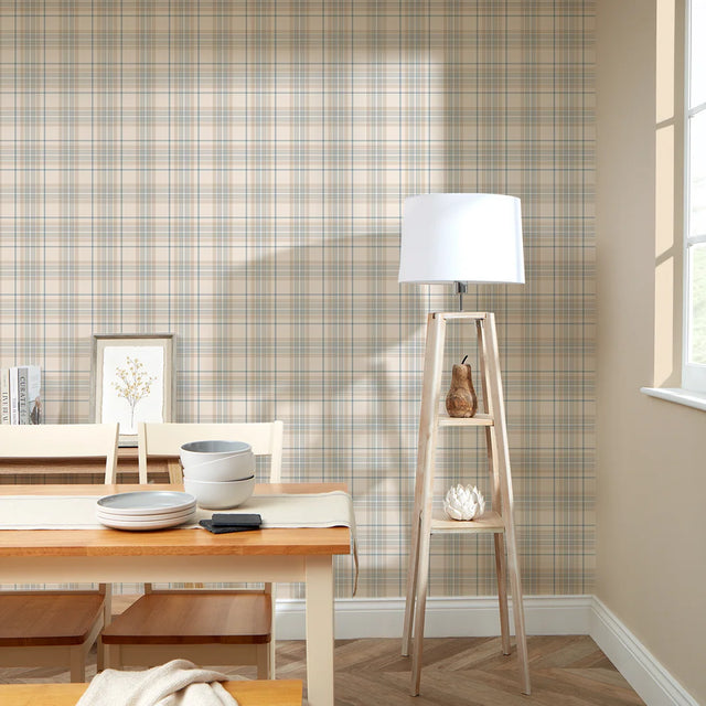 Traditional Check Wallpaper in Cream and Blue