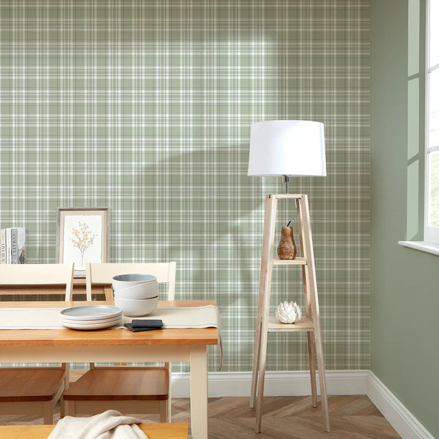 Traditional Check Wallpaper in Sage Green