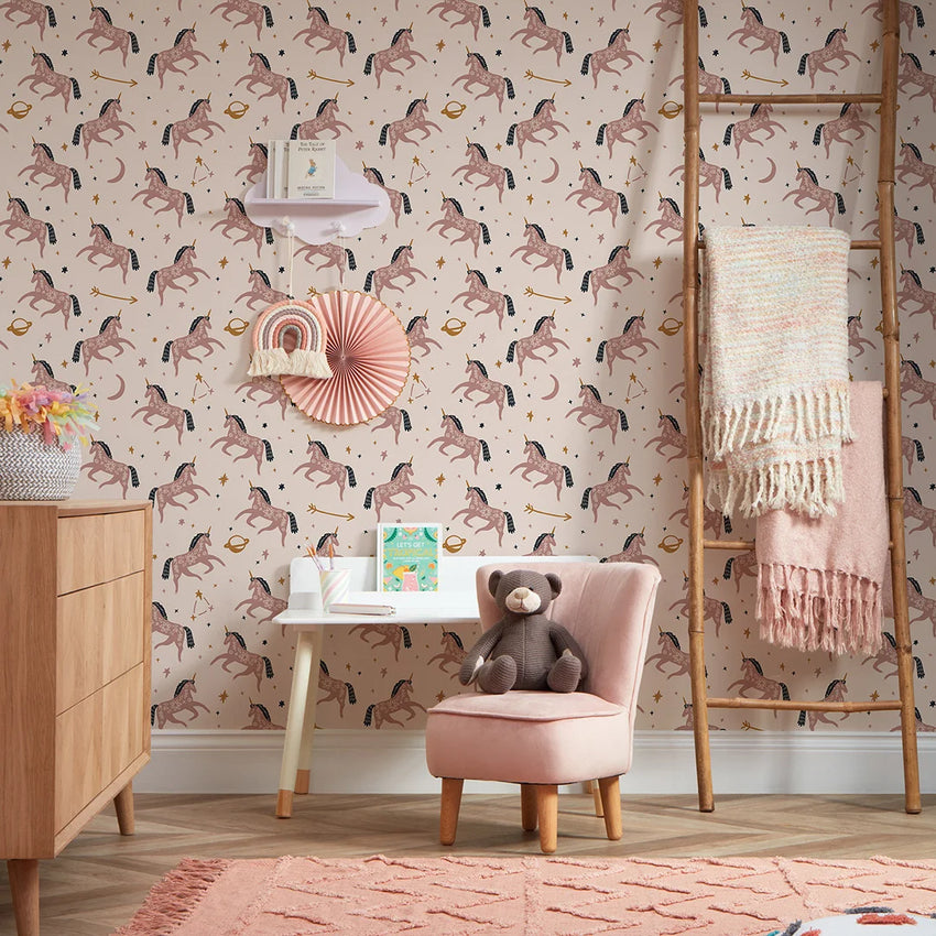 Twinkle, Twinkle Unicorn Wallpaper in Dusky Pink and Navy
