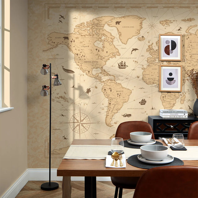 Vintage World Map Full Wall Mural in Natural