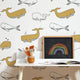 Whale Hello Wallpaper in Mustard and Grey
