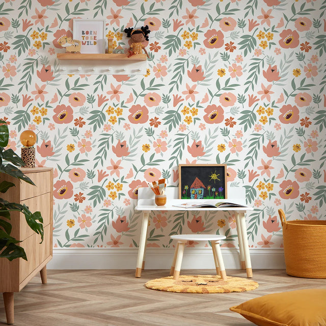 Wild Flowers Wallpaper Peach and Green