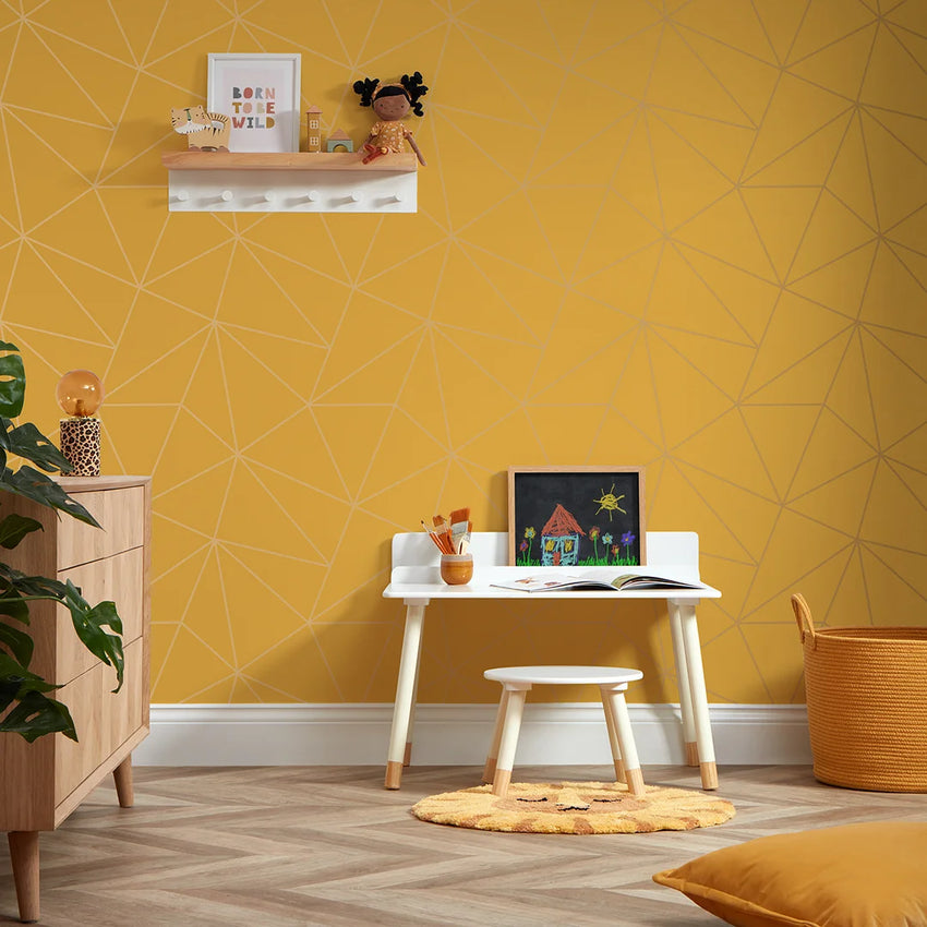Zara Shimmer Metallic Geometric Wallpaper in Mustard and Gold