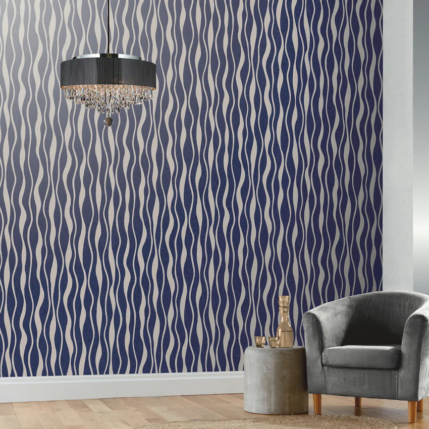 Metallic Wave Wallpaper in Navy and Silver