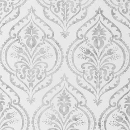 Moroccan Damask Wallpaper in White and Silver