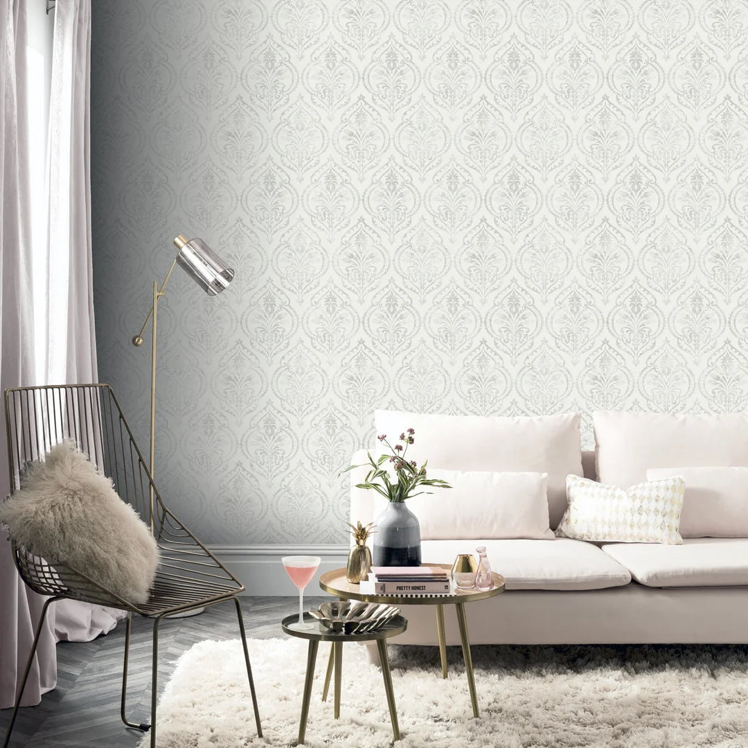 Moroccan Damask Wallpaper in White and Silver