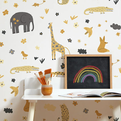 Animal Kingdom Wallpaper in Mustard and Grey
