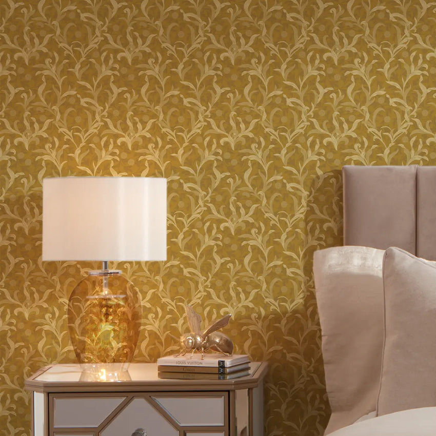 Antique Leaf Wallpaper in Ochre