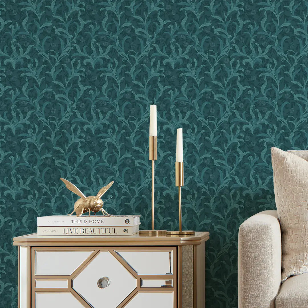 Antique Leaf Wallpaper in Teal