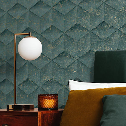 Architectural Concrete Wallpaper in Emerald and Gold