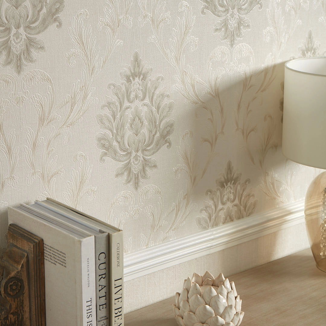 Aurora Damask Wallpaper in Shimmering Ivory with shades of Silver – I ...