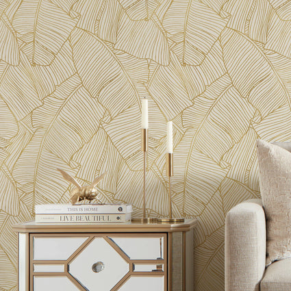 Banana Leaf Wallpaper in Cream and Gold