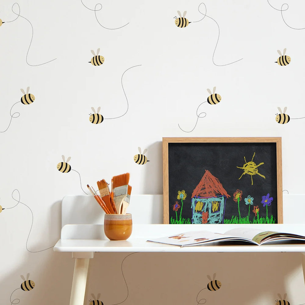 Buzzy Bees Wallpaper White