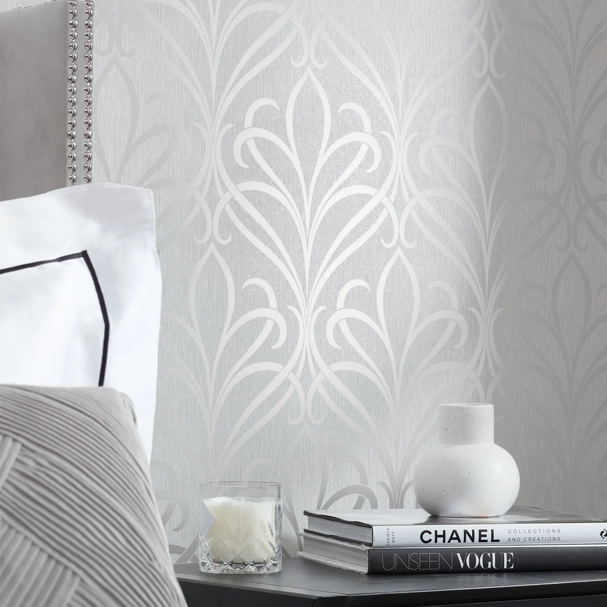 Camden Damask Wallpaper in Soft Grey and Silver