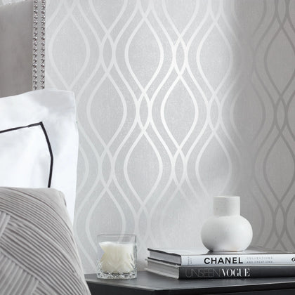 Camden Wave Wallpaper in Soft Grey and Silver