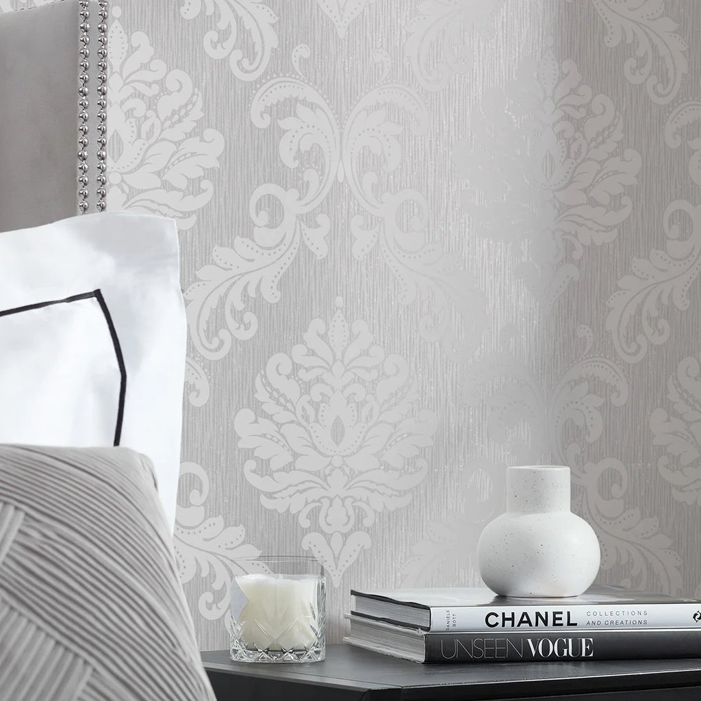 Damask white wallpaper deals