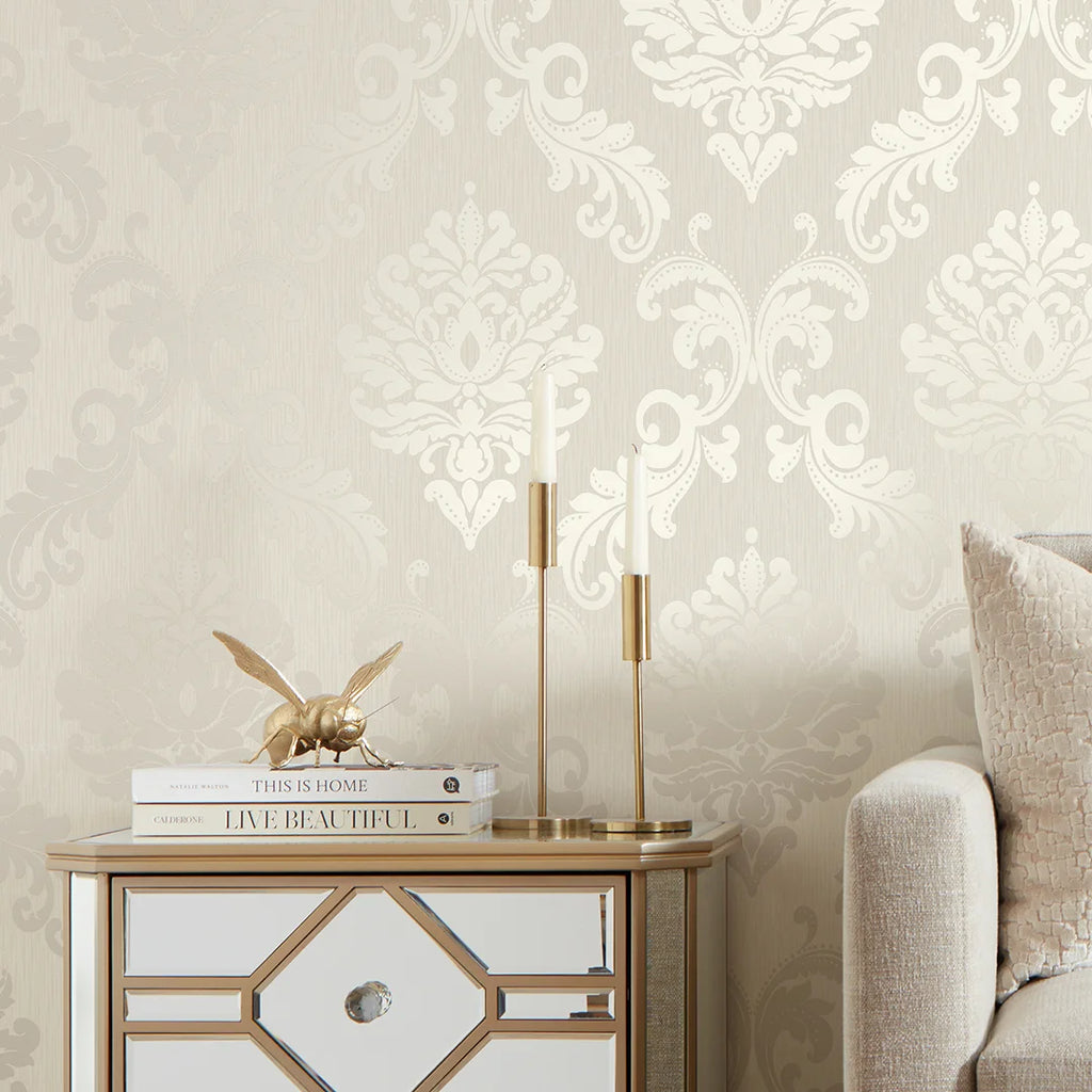 Chelsea Glitter Damask Wallpaper in White and Silver