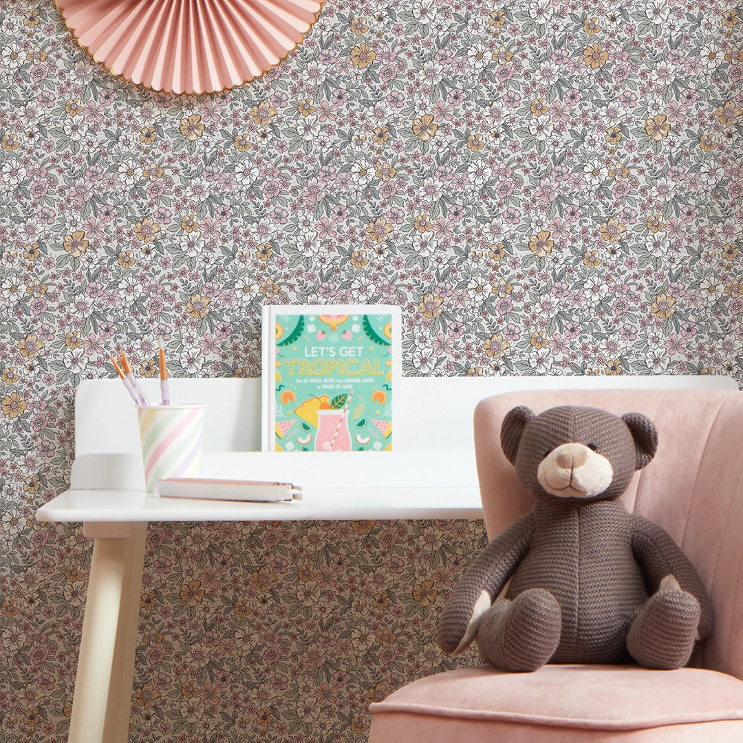 Ditsy Gardenia Wallpaper in Sage Green and Pink