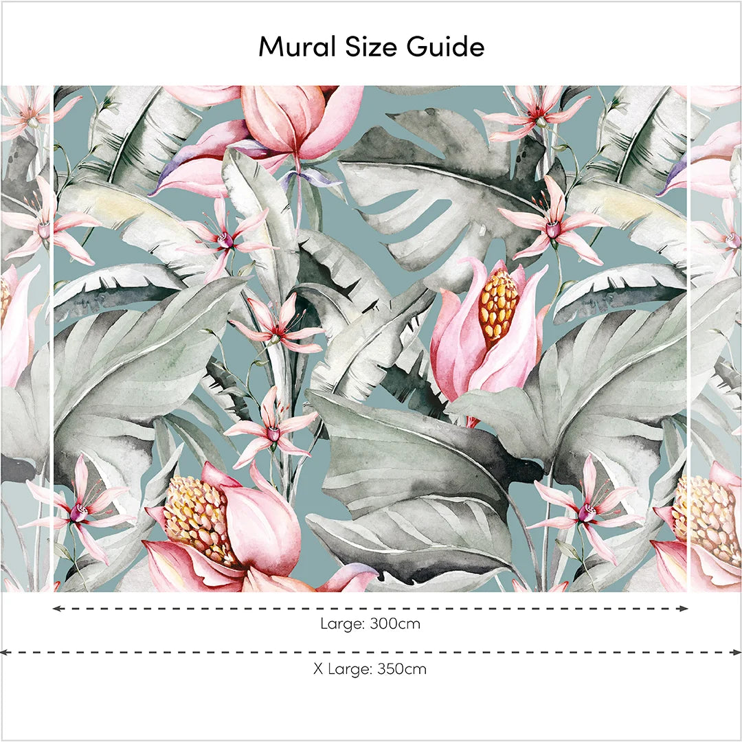 Exotic Flowers Mural in Teal, Green and Pink