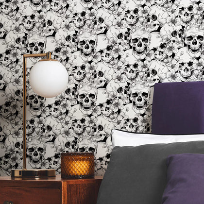 Floral Skulls Wallpaper in Monochrome