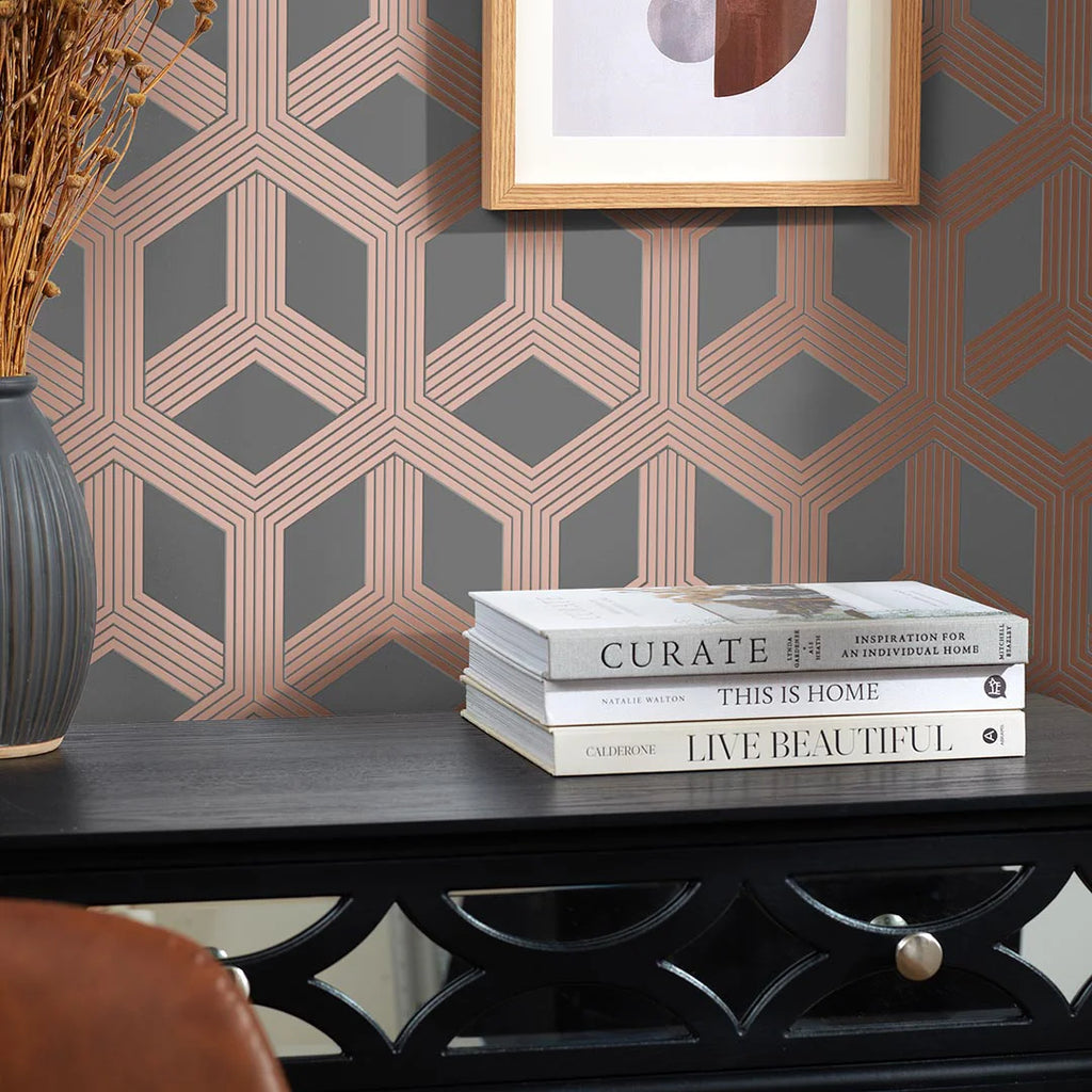 Hexa Geometric Wallpaper in Charcoal and Rose Gold