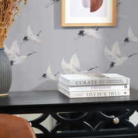 Soaring Cranes Wallpaper in Grey