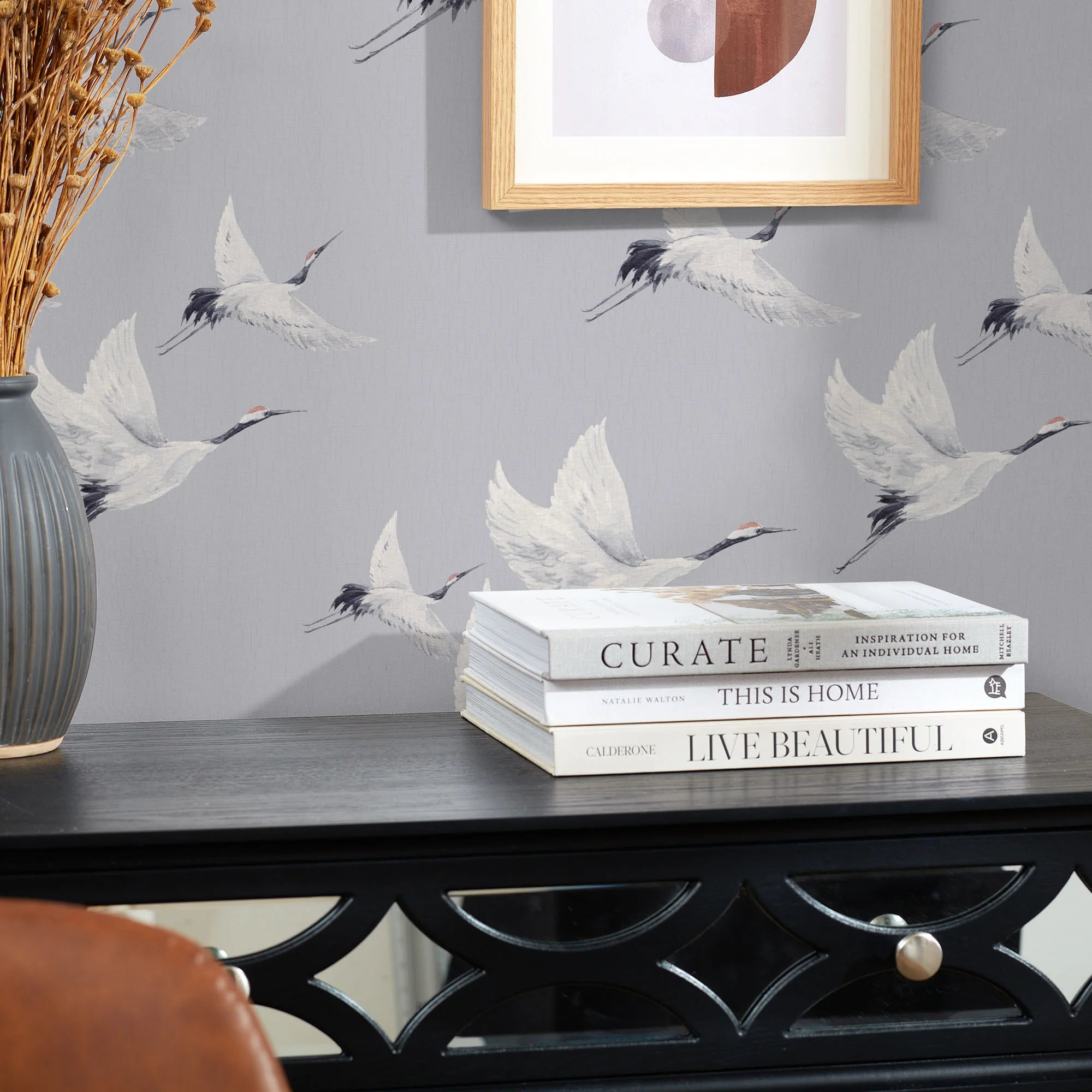 Soaring Cranes Wallpaper in Grey