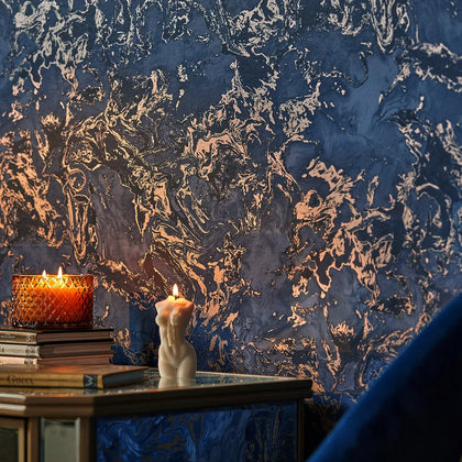 Liquid Marble Wallpaper in Blue and Bronze