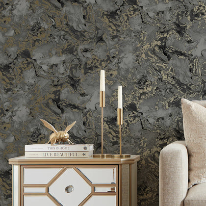 Liquid Marble Wallpaper in Charcoal and Gold