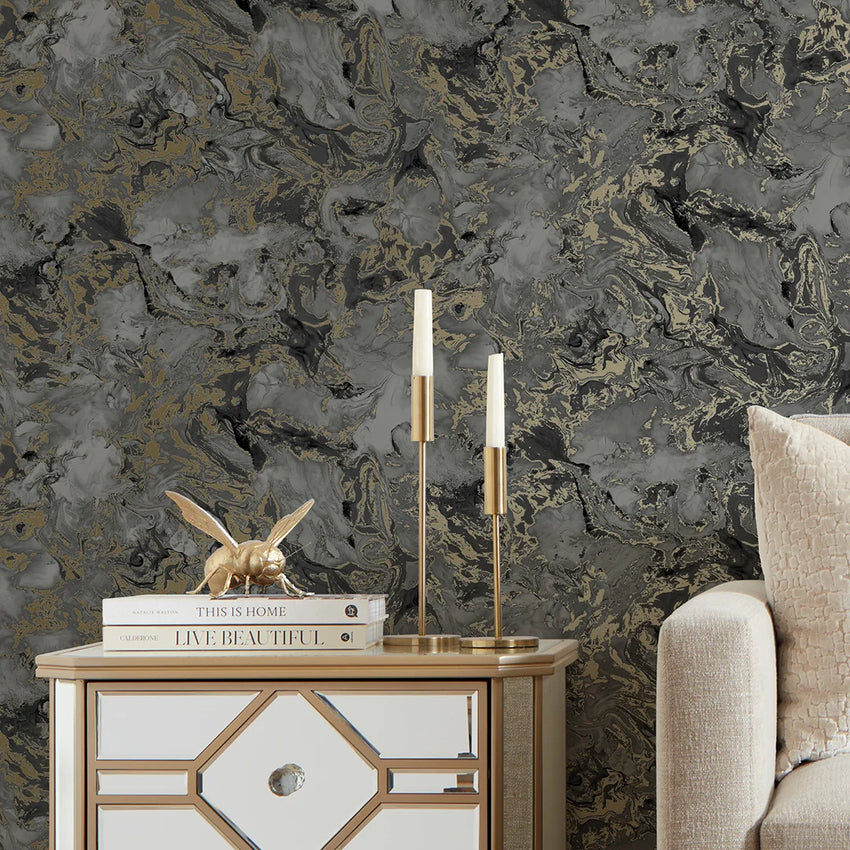 Liquid Marble Wallpaper in Charcoal and Gold