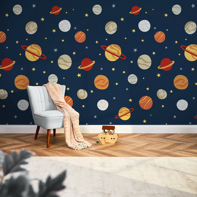Playful Universe Wallpaper in Warm Tones on Navy