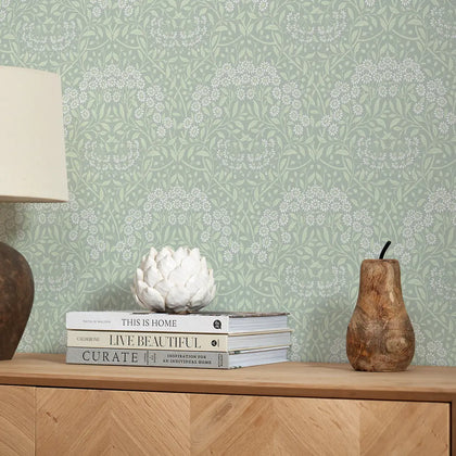 Vintage Daisy Wallpaper in Sage and White