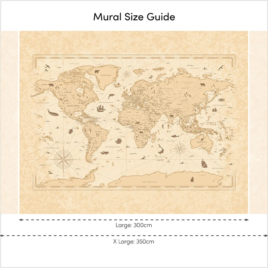 Vintage World Map Mural in Natural