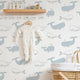 Whale Hello Wallpaper Blue and Grey