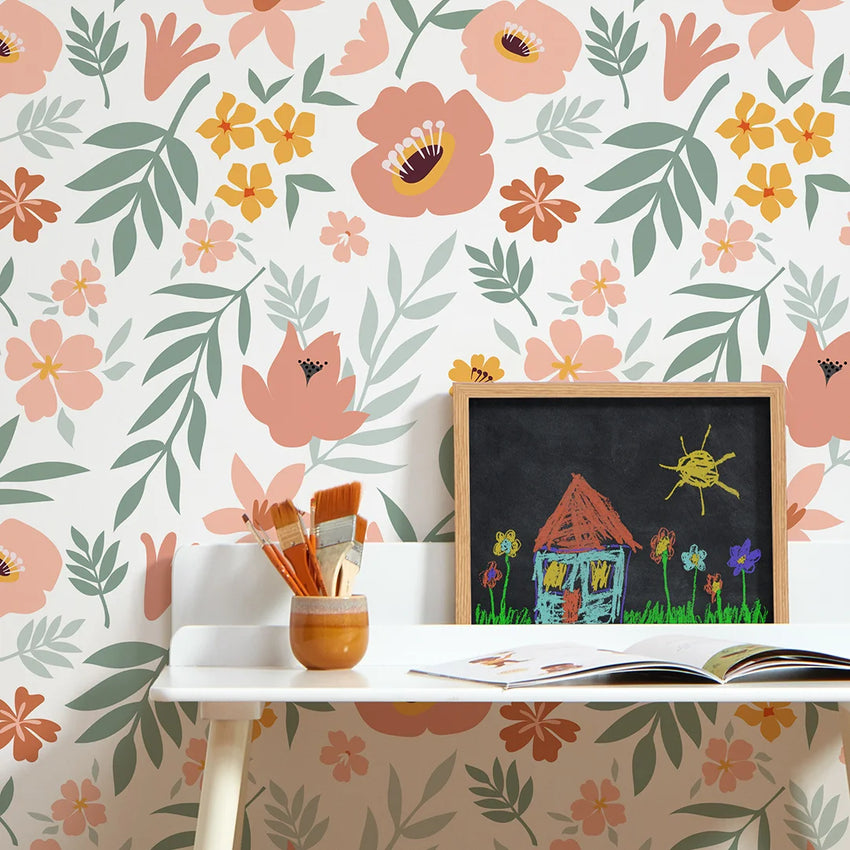Wild Flowers Wallpaper Peach and Green