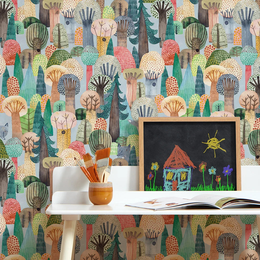 Wolves in the Wood Wallpaper in Multicoloured