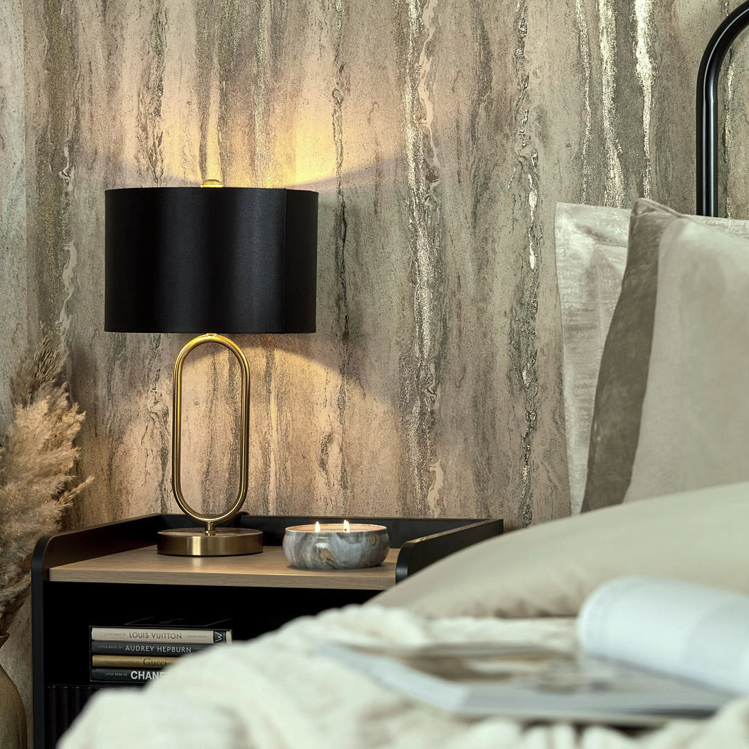 Zeus Metallic Wallpaper in Warm Grey and Sand and Metallic Gold