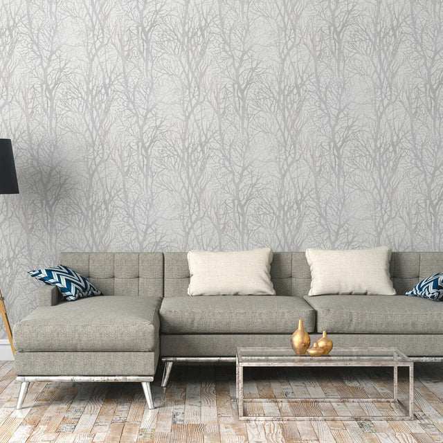 Woodland Shadow Wallpaper in Grey