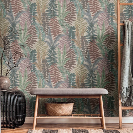 Fern Foliage Wallpaper in Multicolour on Beige