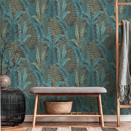 Fern Foliage Wallpaper in Teal on Charcoal