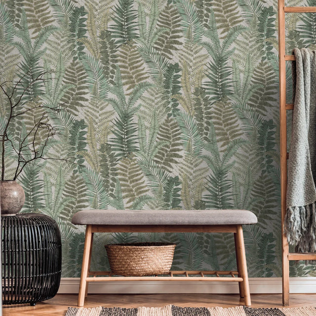 Fern Foliage Wallpaper in Green on Beige