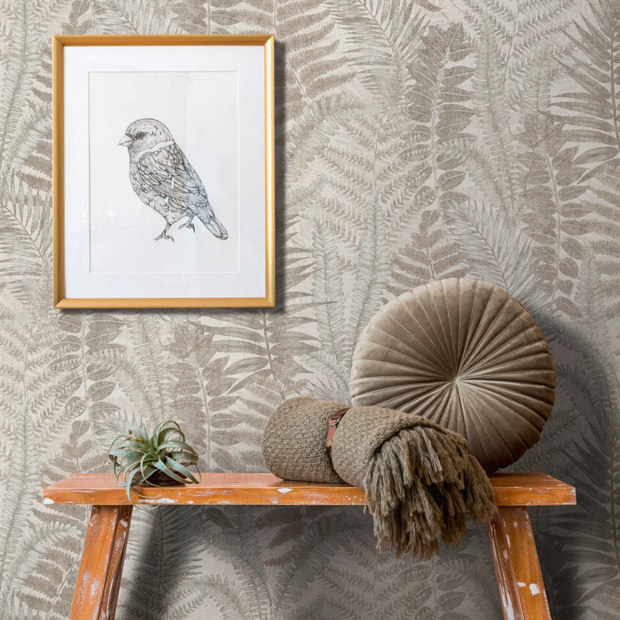 Fern Foliage Wallpaper in Grey on Beige