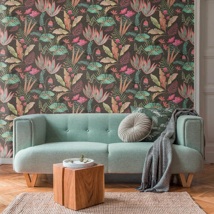 Psychedelic Jungle Wallpaper in Brights on Charcoal