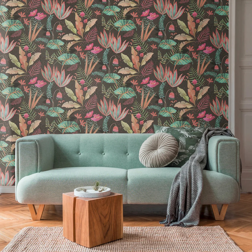 Psychedelic Jungle Wallpaper in Brights on Charcoal