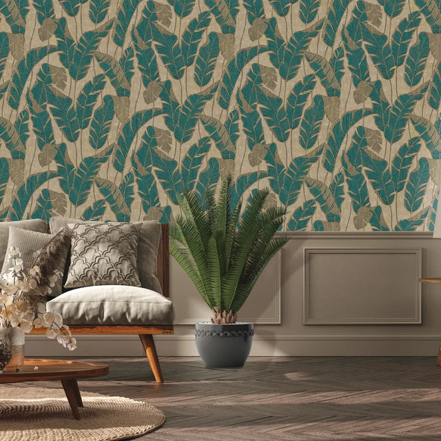 Midnight Leaves Wallpaper in Teal on Gold