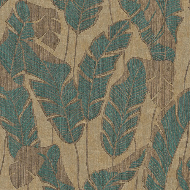 Midnight Leaves Wallpaper in Teal on Gold